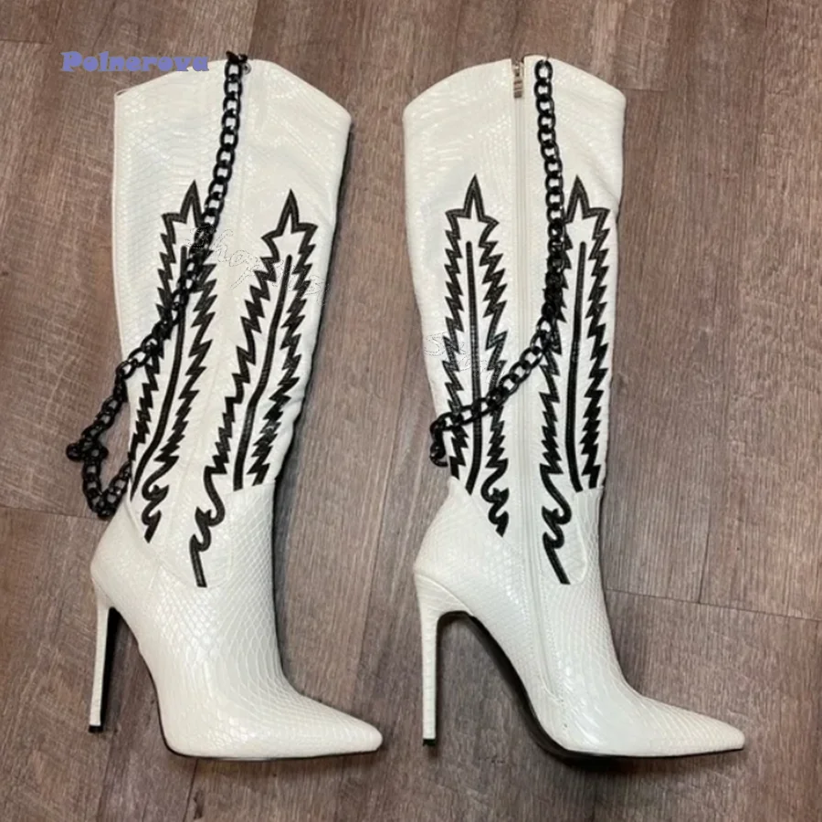 Tree Watermark Leather Knee High Boots,Pointed Toe Stiletto High Heel Boots Zipper Chain Women Boots2024 New Zapatos Para Mujere