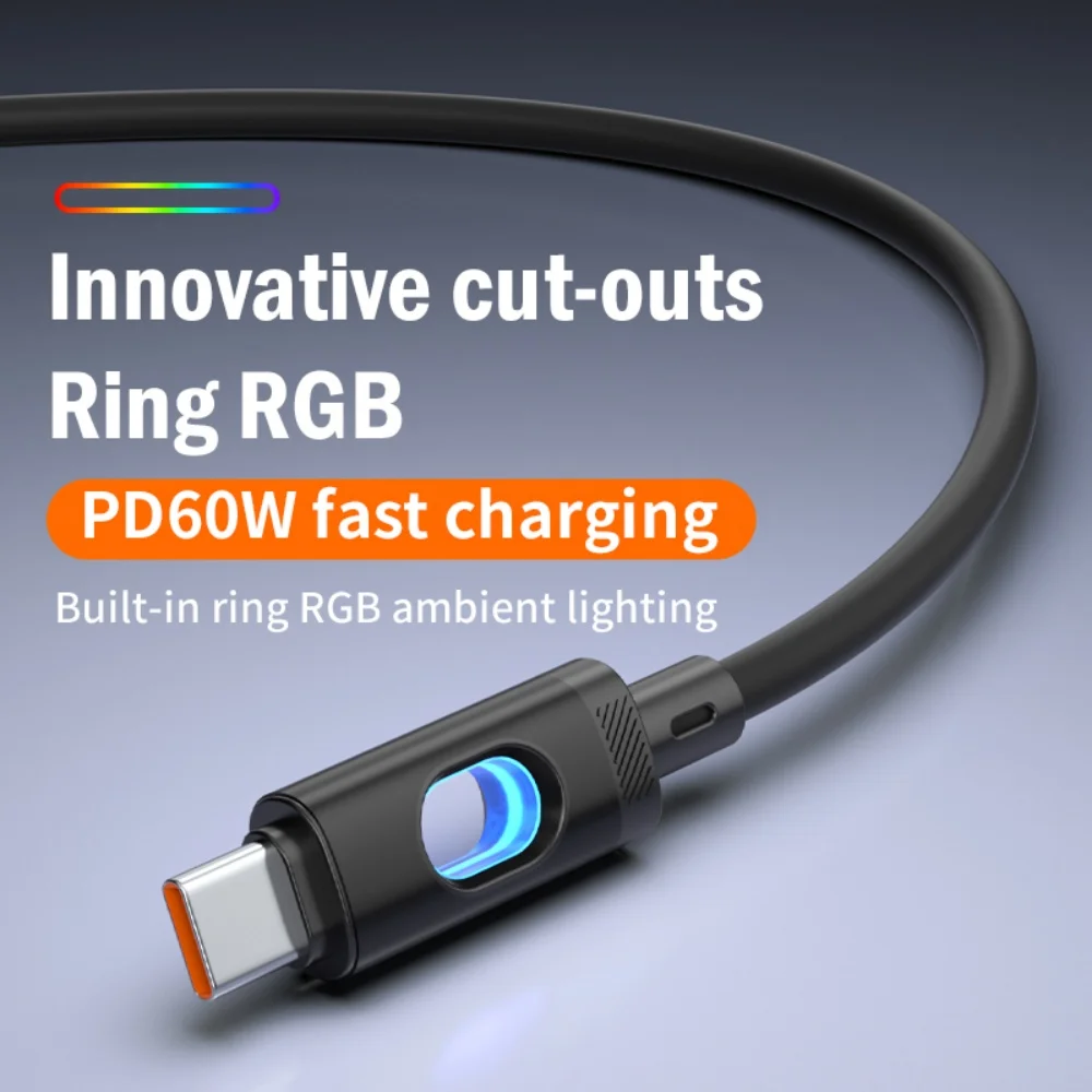 60W PD USB Fast Charging Cable RGB Lighting Type C High Speed Charging Cord Data Transfer Wire For iPhone Xiaomi Samsung Huawei