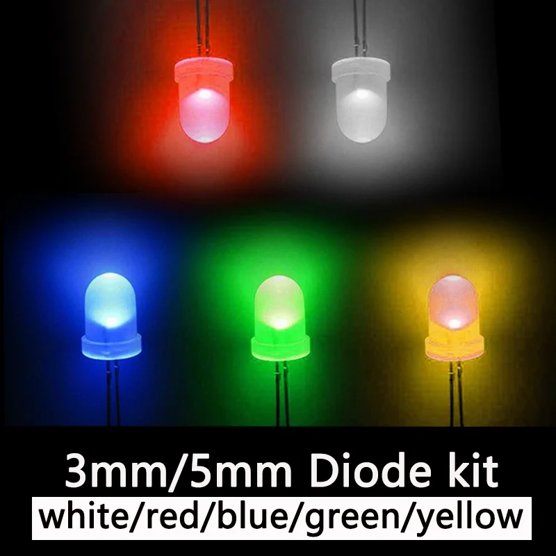 3mm 5mm LED Diode Assorted Kit, White Green Red Blue Yellow Orange F3 F5 Light Emitting DIY led lights Diodes electronic kit