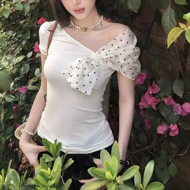 

Fashion Korean Skew Collar Bow Slim T-shirts Female Clothing Hotsweet Summer Irregular Polka Dot Spliced Short Sleeve Pullovers