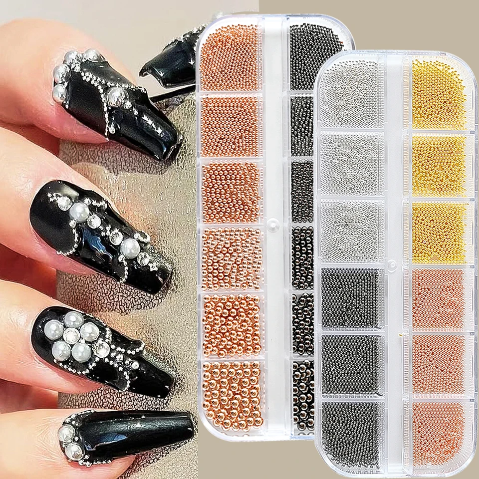 12 compartimentos de cuentas caviar mini doradas/plateadas, decoraciones metálicas de micro bolas con pluma magnética, gemas 3D para uñas 6