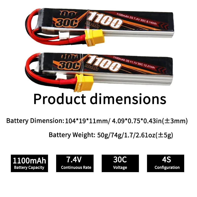 7.4V 11.1V 1100mAh 30C Lipo Battery For Toy Gun And Remote Control Vehicle