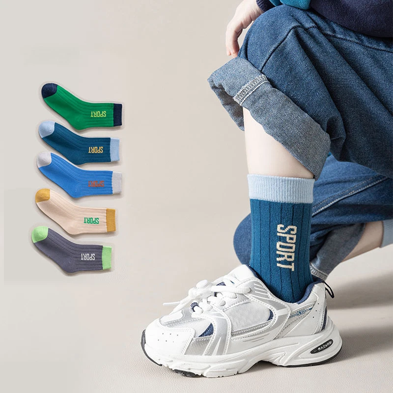 5Pair Autumn Kids Cotton Socks Vertical Stripes Boys Sport Sock Fashion Patchwork Children Middle Tube Socks Baby Footwear 1-16Y