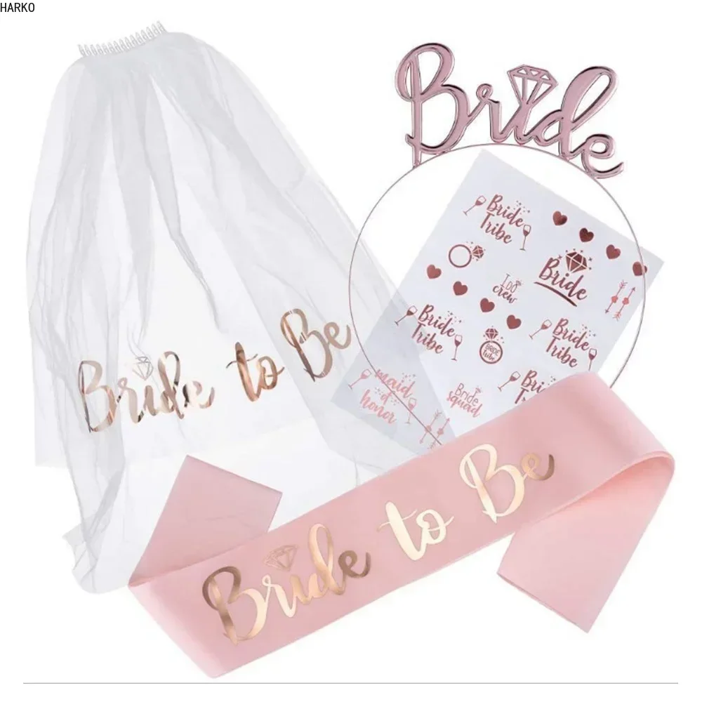 1Set Bride To Be Veil Satin Sash Hairband Bridal Shower Wedding Decorations Tattoo Stickers for Hen Bachelorette Party Supplies