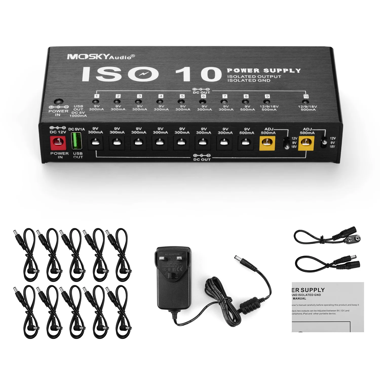 MOSKY ISO-10 Gitaareffectpedaal Voeding 10 geïsoleerde DC-uitgangen / 5V USB-uitgang voor 9V 12V 18V Bescherming Gitaaraccessoires