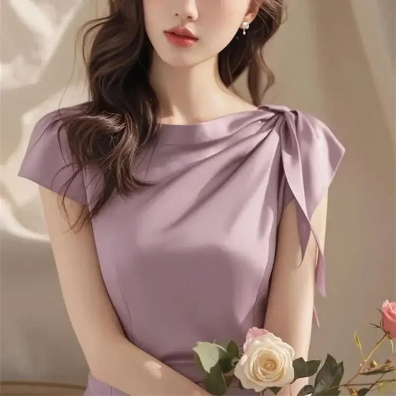 

New Luxury Silk Satin Blouse Women Summer Elegant Lace Up Fashion Celebrity Office Lady Pullover Blouse Solid Colot Top