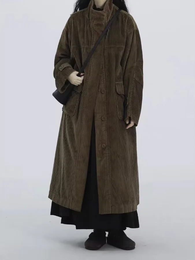 

Women's Corduroy Mid-Length Jaet Stand Collar Retro Workwear Sle Versatile Autumn Winter Faion Outerwear Coat