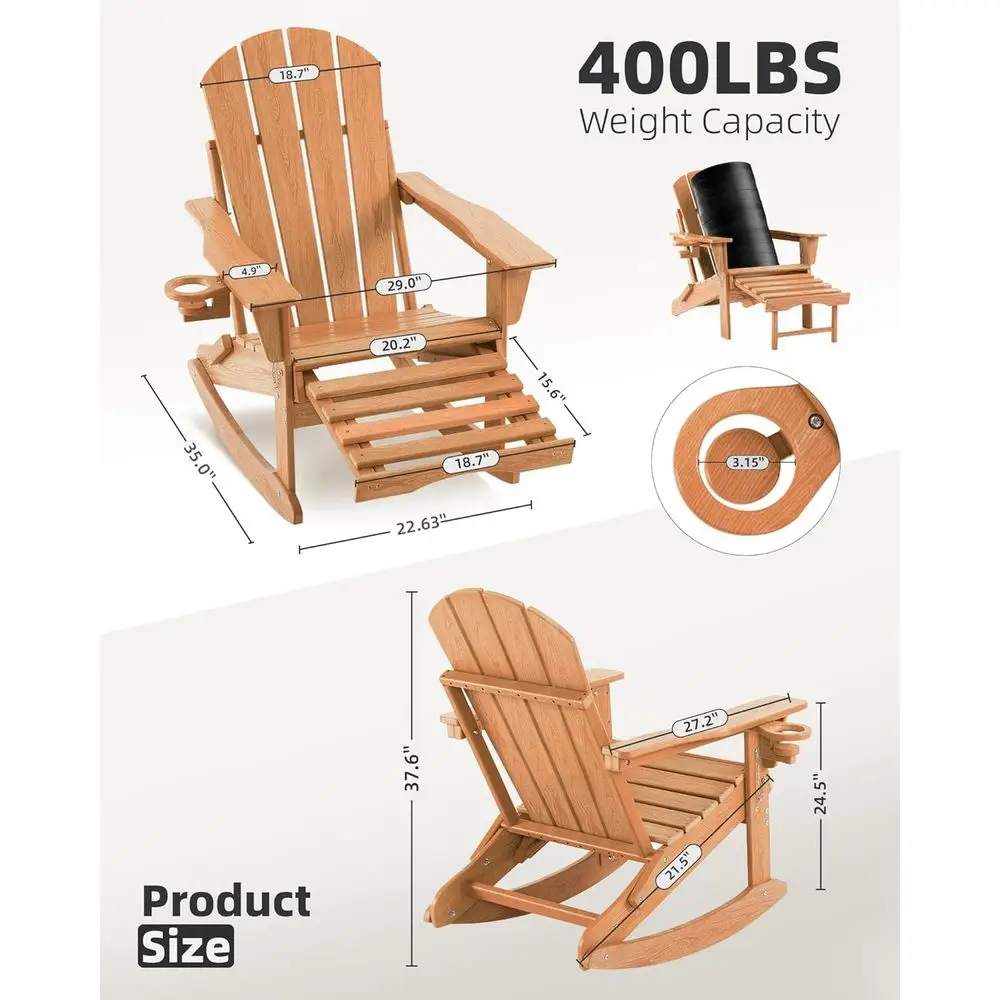 Multifunctional Outdoor Rocking Chair with Retractable Ottoman, Teak Wood Texture, Ideal for Lawn, Porch, Backyard, and Pool Are