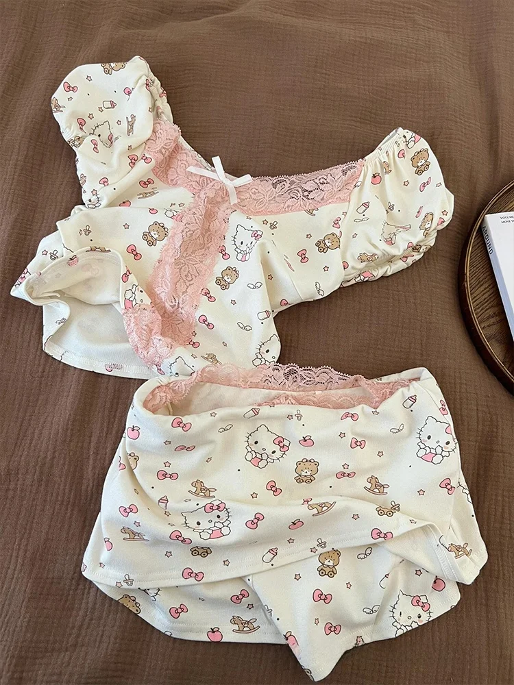 

Pure Desire ort Sve Hello Kit Lace Trim Spwear Set Women's Home Clothes Summer orts Home Service Ensemble