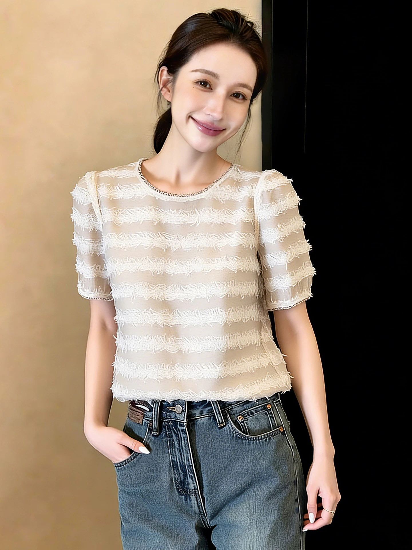 

Sweet Casual Style Pleated Short Sleeve Chiffon Top Korean Version Straight Cut Spring Summer Fashionable Commuting Top