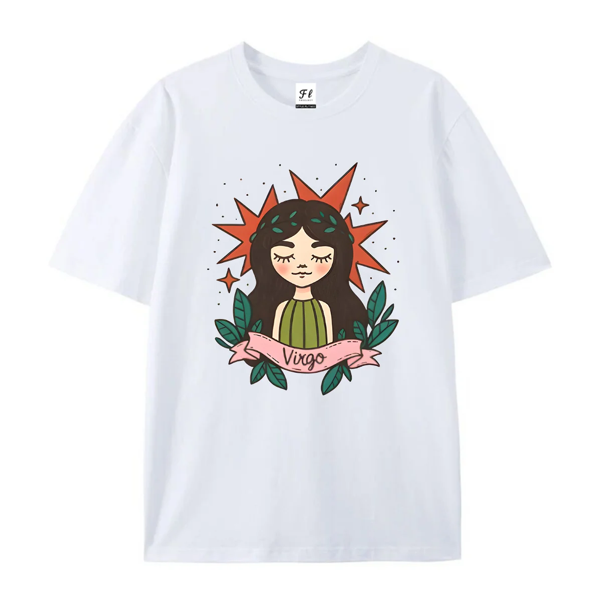 Virgo Zodiac Girl Graphic T‑Shirt Retro Boho Hand Drawn Starburst Leaf Ribbon Virgo Sign Print Short Sleeve Funny Top Unisex
