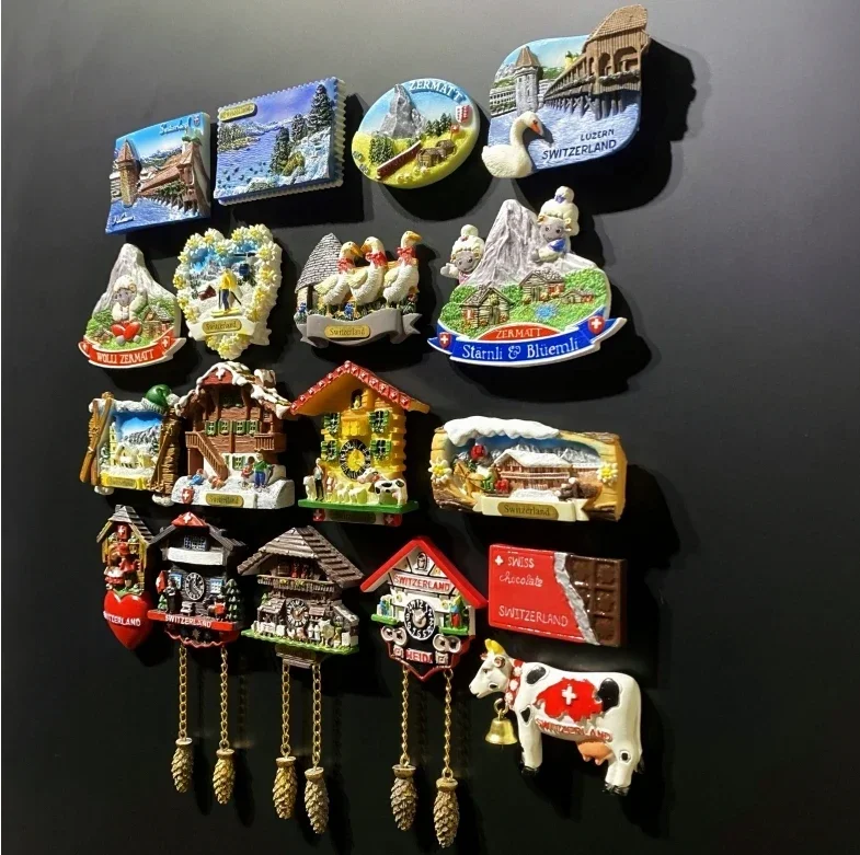 Fridge Magnets Switzerland Ski Scenery Cuckoo Clock Zermatt Diemtigtal BergeLake Luzern Jungfraujoc Residence Swiss Dairy Cattle