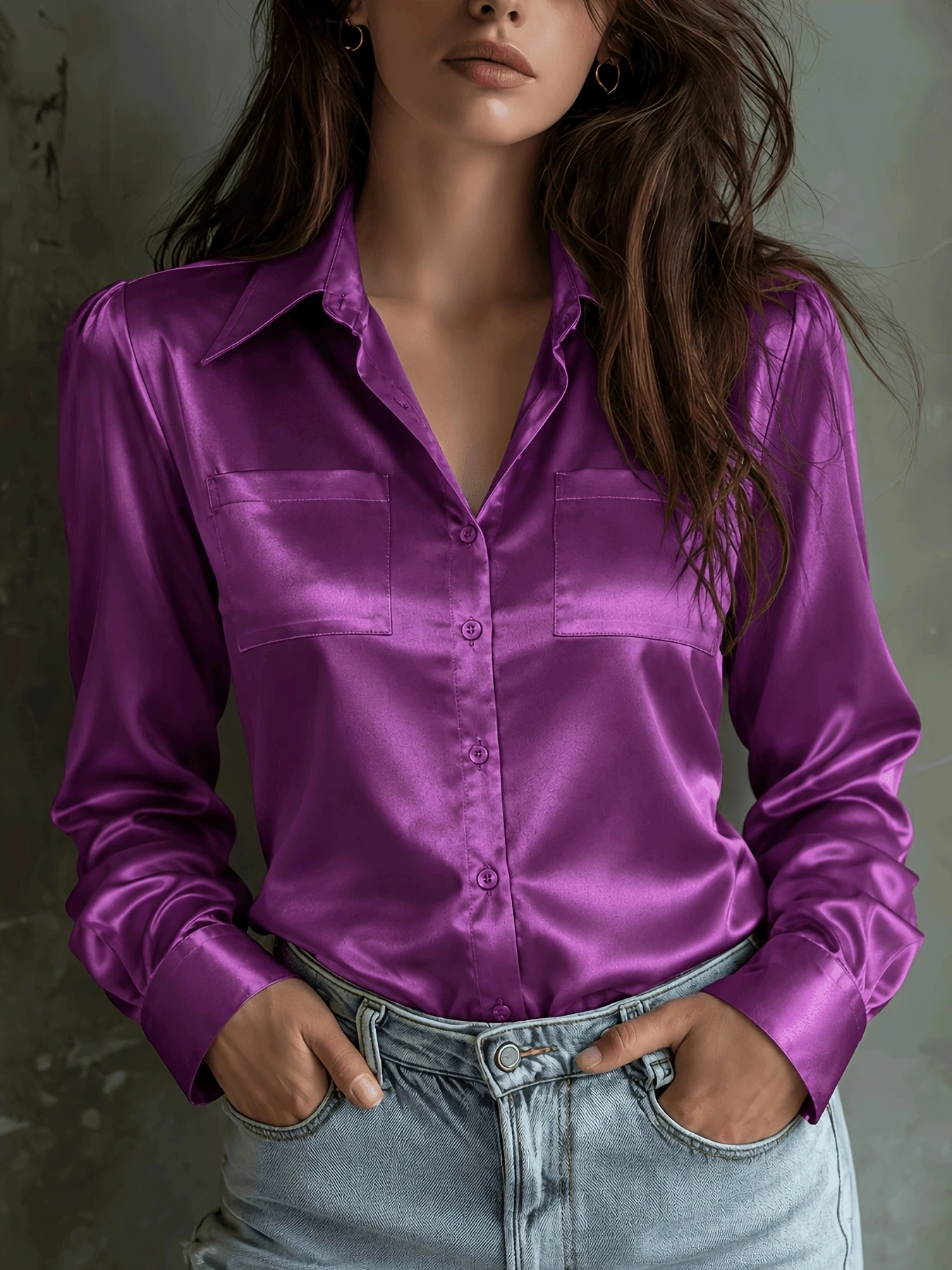 Women's Satin Lapel Long-Sleeve Double-Pocket Single-Breasted Commuter Shirt