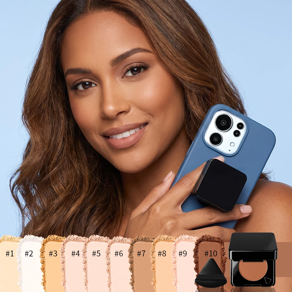 3 In 1 Setting Pressed Powder Phone Grip With Mirror Makeup Powder Brightening Long Lasting Control oil Matte  Easy Makeup