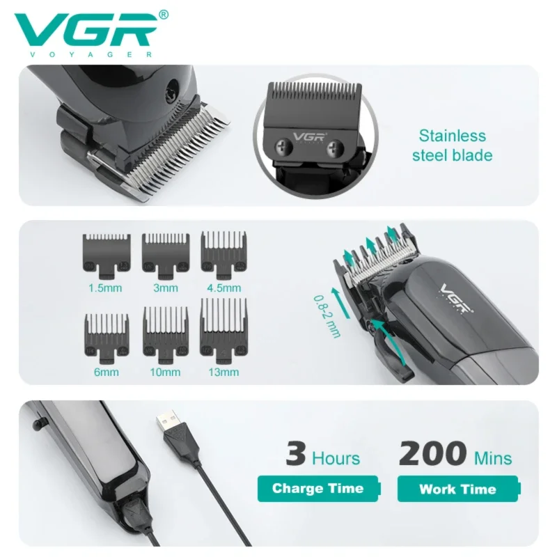 เครื่องเล็มผมไฟฟ้า vgr ที่ตัดขนมืออาชีพเครื่องตัดผมไร้สายเครื่องตัดผมหน้าจอดิจิตอลสำหรับผู้ชาย V-118