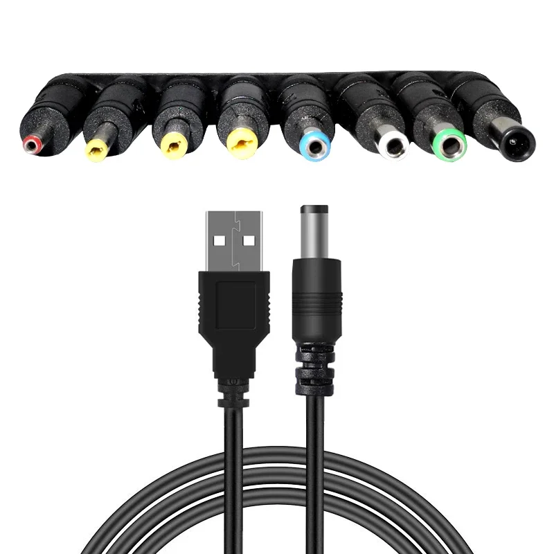 Universal Power Cable USB to DC 5.5*2.1mm Jack 5V Charging Cord with 8 Selectable Connector Tips for CCTV Cameras TV Box
