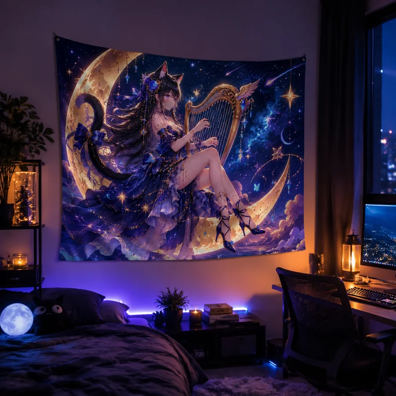 Vikama Gothic Anime Tapestry Dark Aesthetic Vikama Gothic Lolita Cat Girl Wall Hanging Galaxy Star Sky Cloud Sea Bedroom