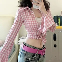 Pink Plaid Women Blouses Harajuku Korean Style Y2k Flare Sleeve Shirts Tunic Casual Sexy Crop Tops Gyaru Streetwear