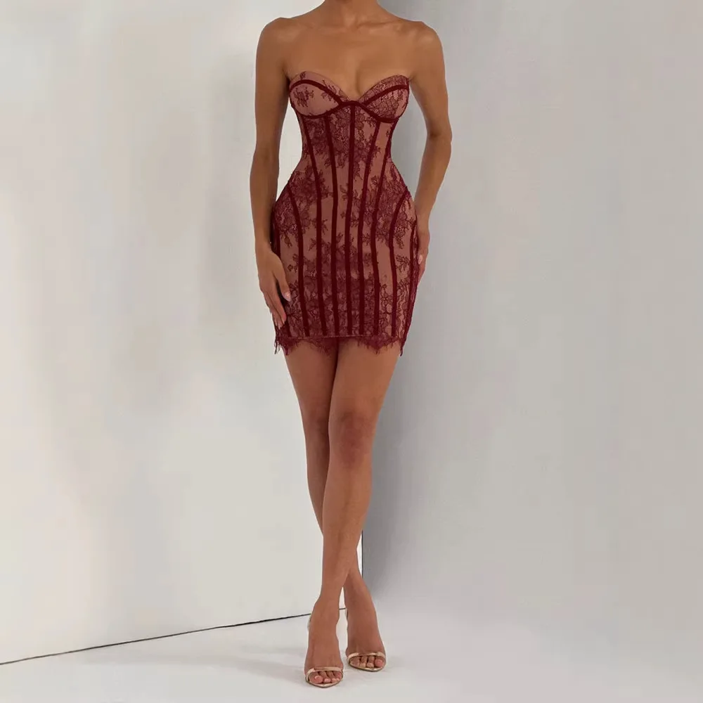 Mini Abito Aderente Senza Spalline da Donna 2026 con Pizzo a Righe, Sexy, Senza Schienale, per Feste e Club, Outfit Estivo Casual
