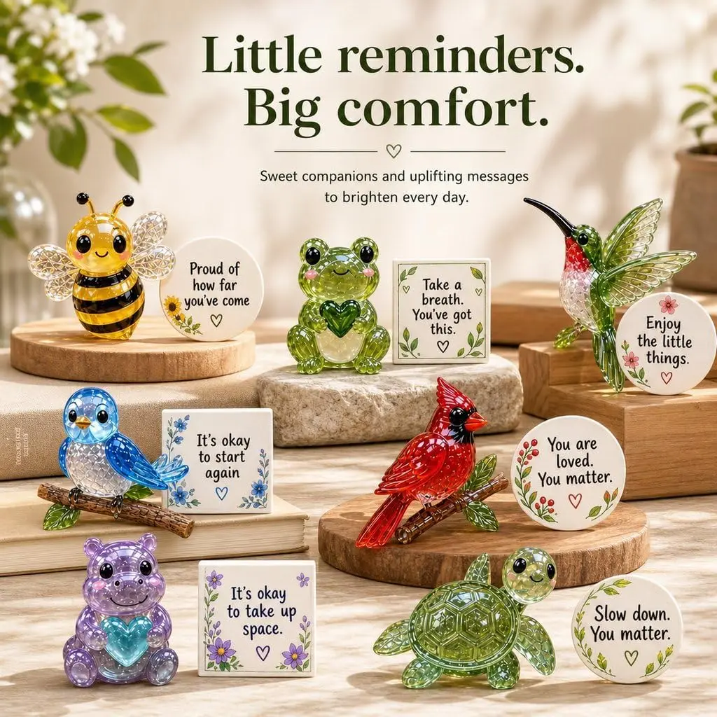 Emotional Support Glass Animal Set - Recycled Glass Hummingbird, Turtle, Frog, Bee with Inspirational Cards, Desk Decor