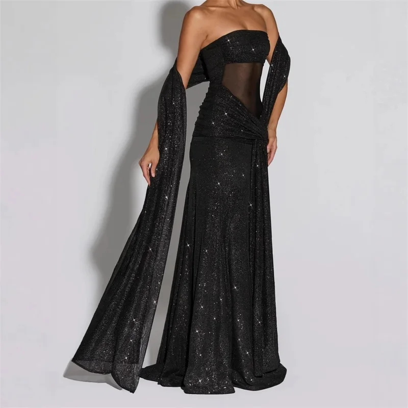

Elegant Sequin Women Black and Apricot Strapless Mermaid Dress Criss-Cross Pleated Party Gown Newest Large Skirt Hem For Banquet