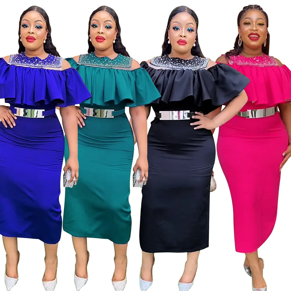 Women African Dresses Kanga Sleeveless O Neck Party Dress Belt Diamonds Vestidos Traditional Arab Sexy Wrap Buttocks Slim