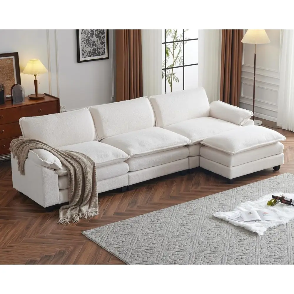 

3-Seater L-Shape Sectional Sofa with Ottoman, Teddy Beige Upholstery for Living Room, Studio, or Office