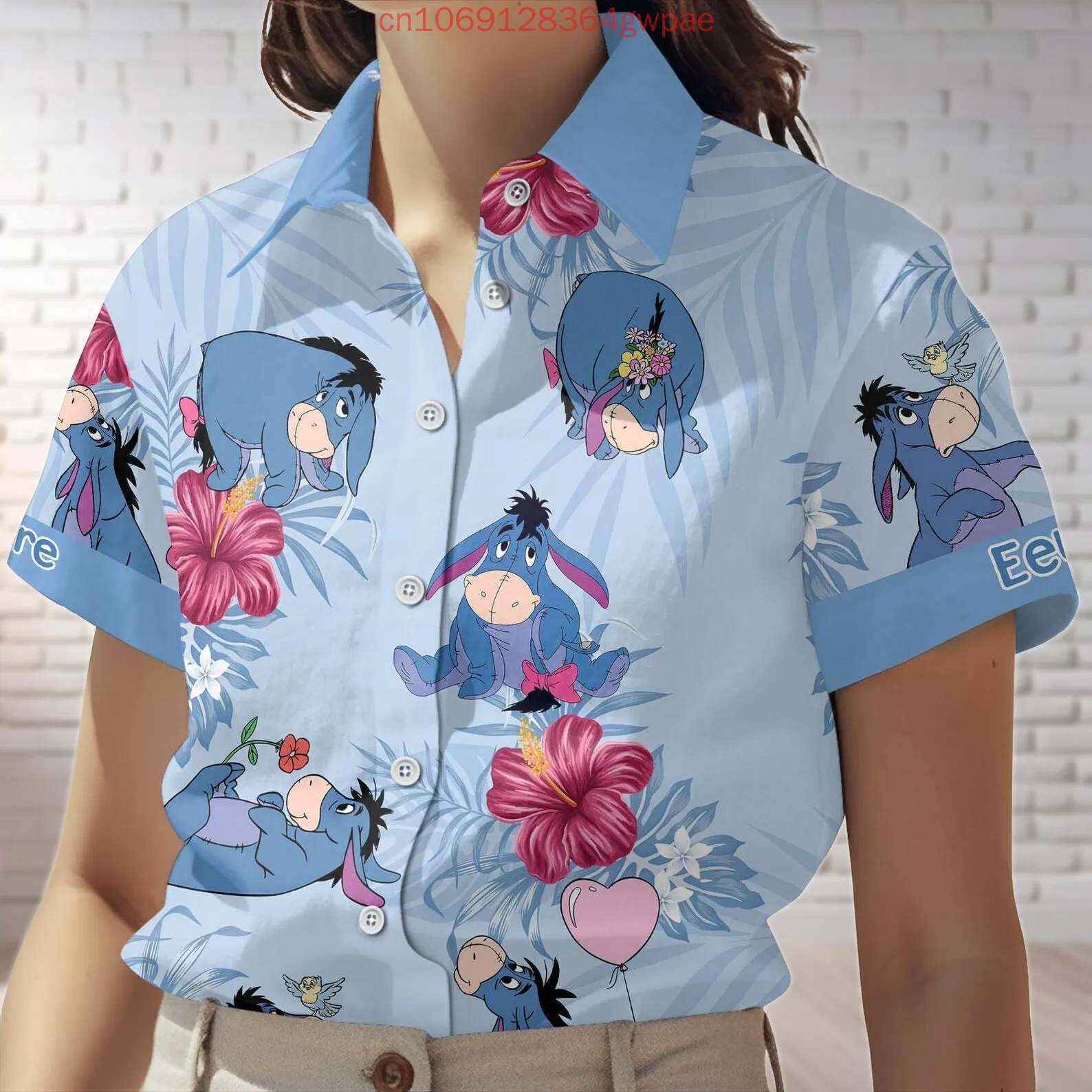

Winnie the Pooh Eeyore Women's Shirt Casual Short Sleeve Hawaiian Shirt Tops Disney Cartoon Summer Fashion Holiday Beach Shirt