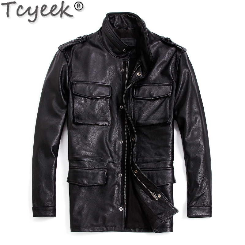 

Tcyeek Cowhide Genuine Leather Jacket Men Clothing Motorcycle Men's Jacket Safaried M65 Trench Coat Mid-length Jaqueta Masculina