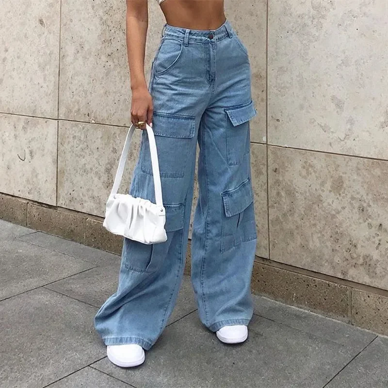 Women 90s Y2K Casual Streetwear Boyfriend Denim Jeans Patchwork Wide Leg Mom Jeans Big Pocket Cargo Pants Vintage Mopping Pants