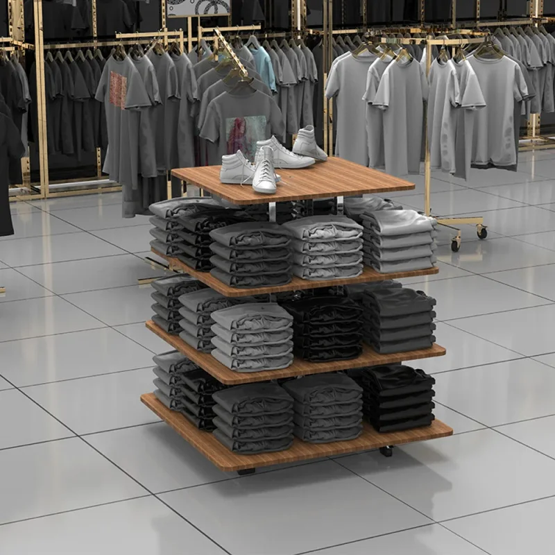 custom.Custom Apparel Display Stand Clothing Rack Wooden Multi Layer Moveable with Wheels Garment Rack Clothes Store