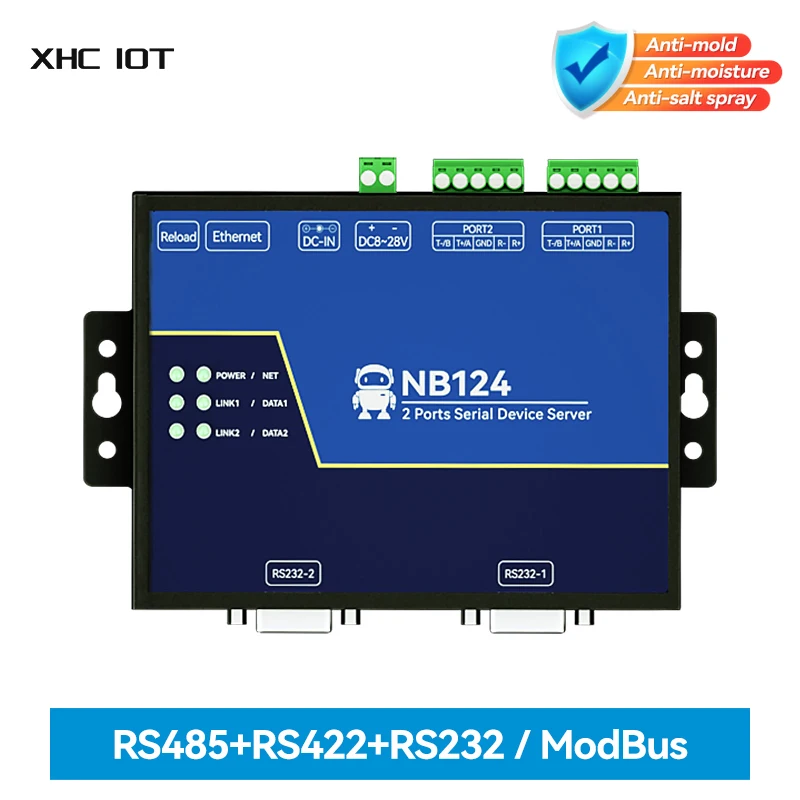 

2-Channel Serial Server XHCIOT NB124S RS232/422/485 RJ45 Modbus Gateway TCP/UDP/MQTT DC 8-28V AT Command Build-in Watchdog