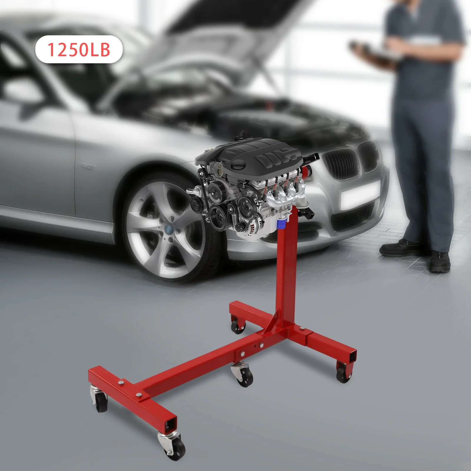 ขาตั้งเครื่องยนต์แบบพับได้ สีแดง 360 °   ปรับหัวยึด 5 Ball-Bearing ล้อหมุน Heavy-Duty Square Steel Frame 1250lbs