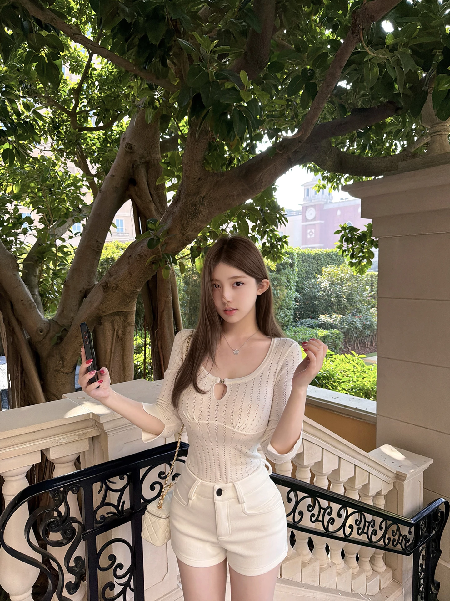 

New 2026 Spring Faion French Sle Women's Slim Fit Cotton Knitted Top with Metal Tag Hollow out mid Sve round Ne or...