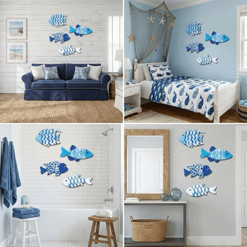 Marine Style Wooden Fish Wall Decor Ocean Theme Rustic Carving Fish Pendant School of Fish Handcrafted Fish Hanging Decor
