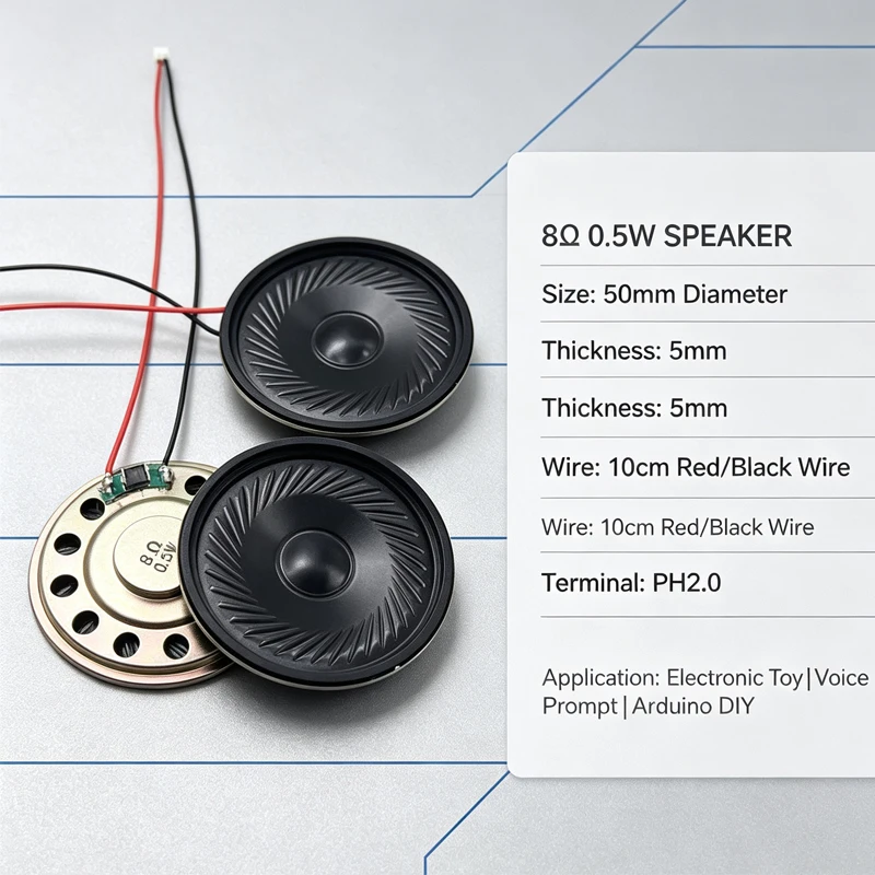 2Pcs Ultra-thin Speaker 8Ohm 0.5W, 50mm Diameter 5MM Thickness Round Loudspeaker with PH2.0 Terminal 10cm Wire for Arduino Elect