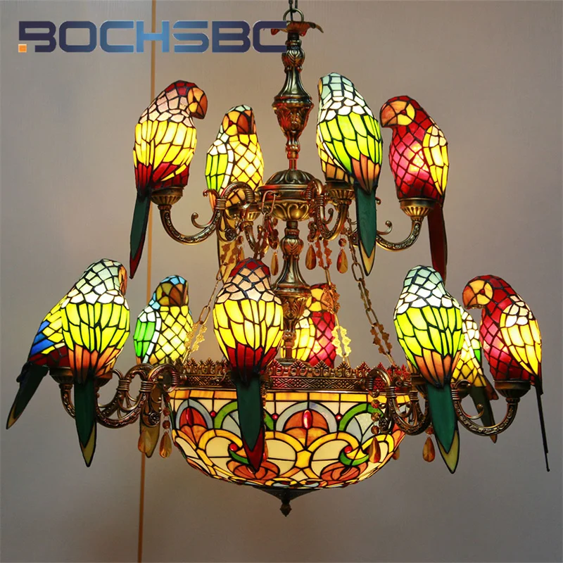 

BOCHSBC Tiffany's multi-headed parrot chandelier European style creative warm decor hotel villa restaurant study overhead light