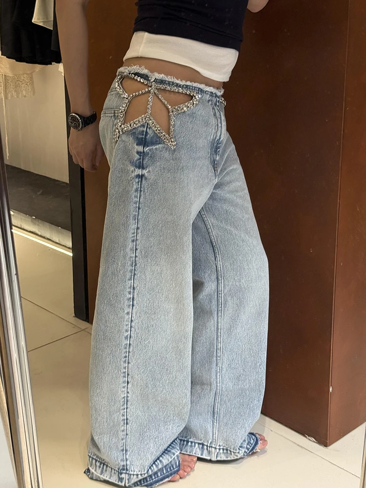 ReddaChic Star Hollow Low Waist Jeans Tall Girl ICON Glitter Diamond Loose Fit Wide Denim Leg Pants Nouveauté Tendance Streetwear Femme