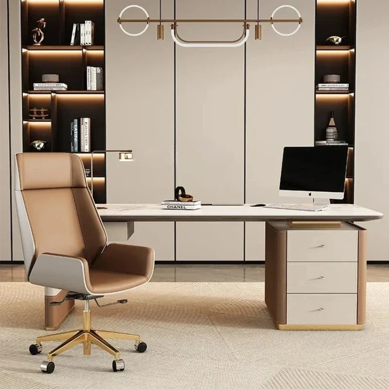 

B Light Luxury Stone Plate Saddle Leather Desk Living Room Large Long Solid Wood Office Table Modern Home