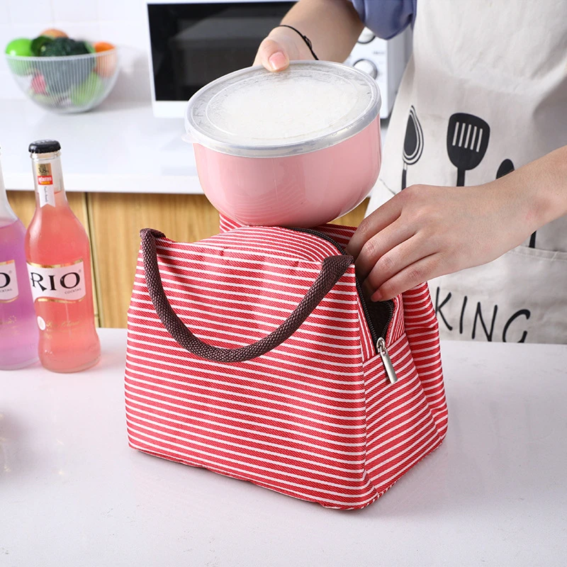 Insulated Cooler Lunch Box Portable Striped Canvas Insulated Work Travel Picnic Lunch Bags Durable Carry Cooler Food Storage Bag