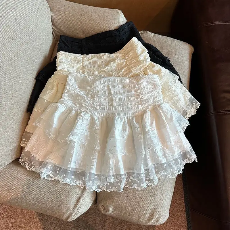 

Балетная юбка с кружевной отделкой и высокой талией, короткая, непрозрачная, в корейском стиле, для повседневной носки, с цветочным узором, приталенная, из полиэстера.