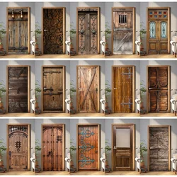 Retro Brown Wood Texture Background Door Sticker Self Adhesive Wooden Design Door Poster Wallpaper Home Decoration Stickers