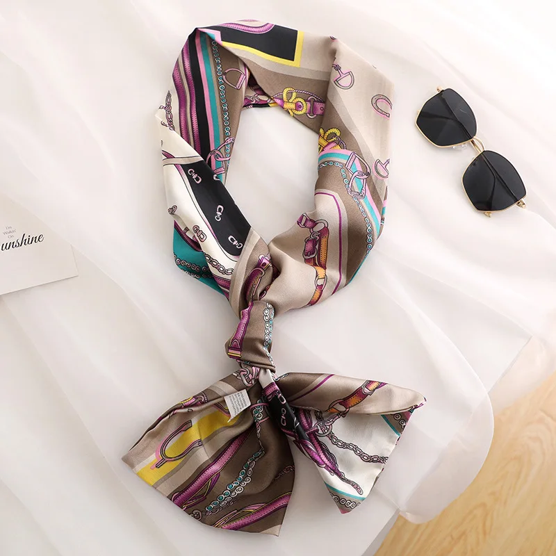 Small Long Narrow Satin Silk Neckercheifs For Women Double-Sided Printing Hairband Spring Autumn Fashion Ribbon Waist Tie Scarf