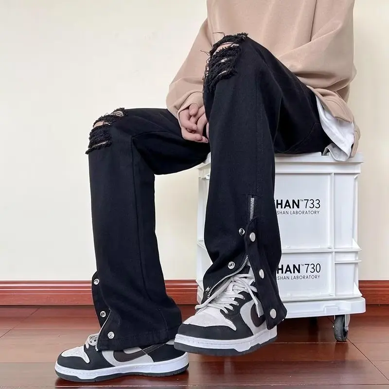 High Waist Wide Leg Jeans Women's Spring Summer High Street American Trendy Brand Knee Hole Design Micro Flared  Hoof Pants