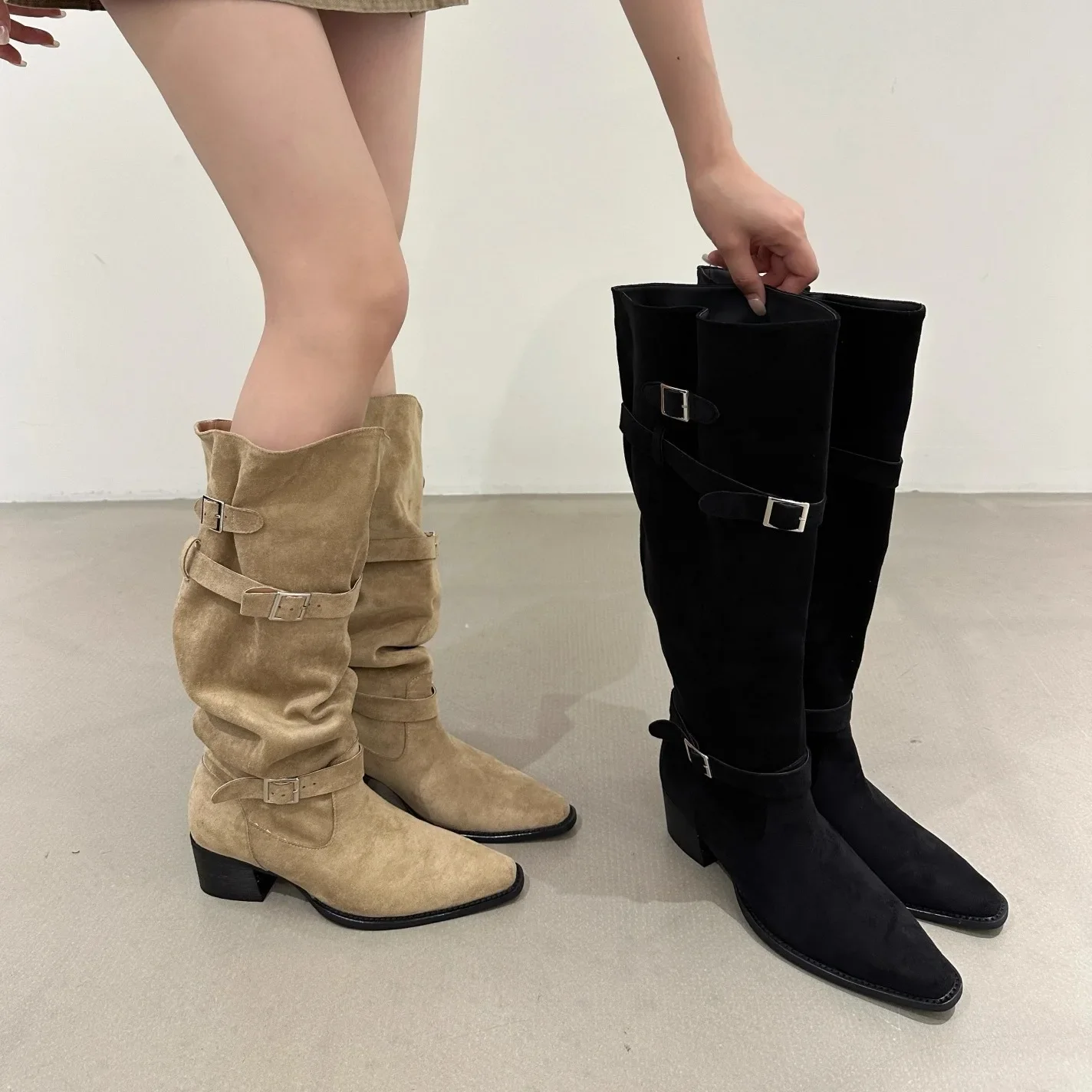 

Женские ковбойские сапоги в стиле вестерн на платформе и толстом каблуке, модные длинные ботильоны без шнуровки, женская обувь, осень-зима, Zapatos Mujer