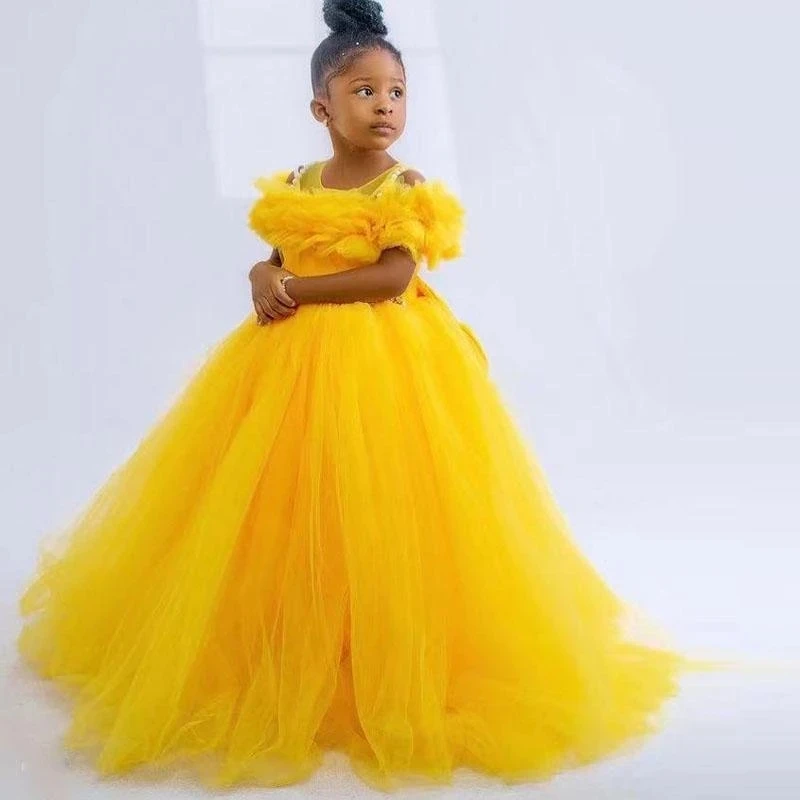 

Yellow Puffy Mom and Daughter Birthday Party Gowns Jewel Neck Ruffles Princess Flower Girls Wedding Dresses Toddler Prom Skirts