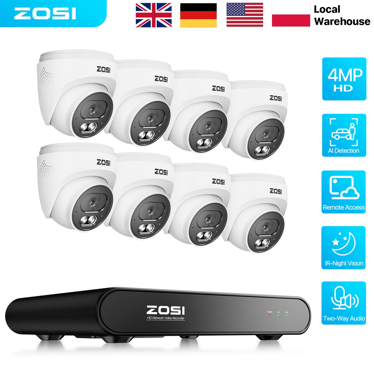 ZOSI 8CH 4MP HD 2.5K PoE Home Security Camera System 2-Way Audio 8CH 5MP 3K NVR 4MP(1440p) Dome IP Surveillance Cameras Kit Outdoor Indoor