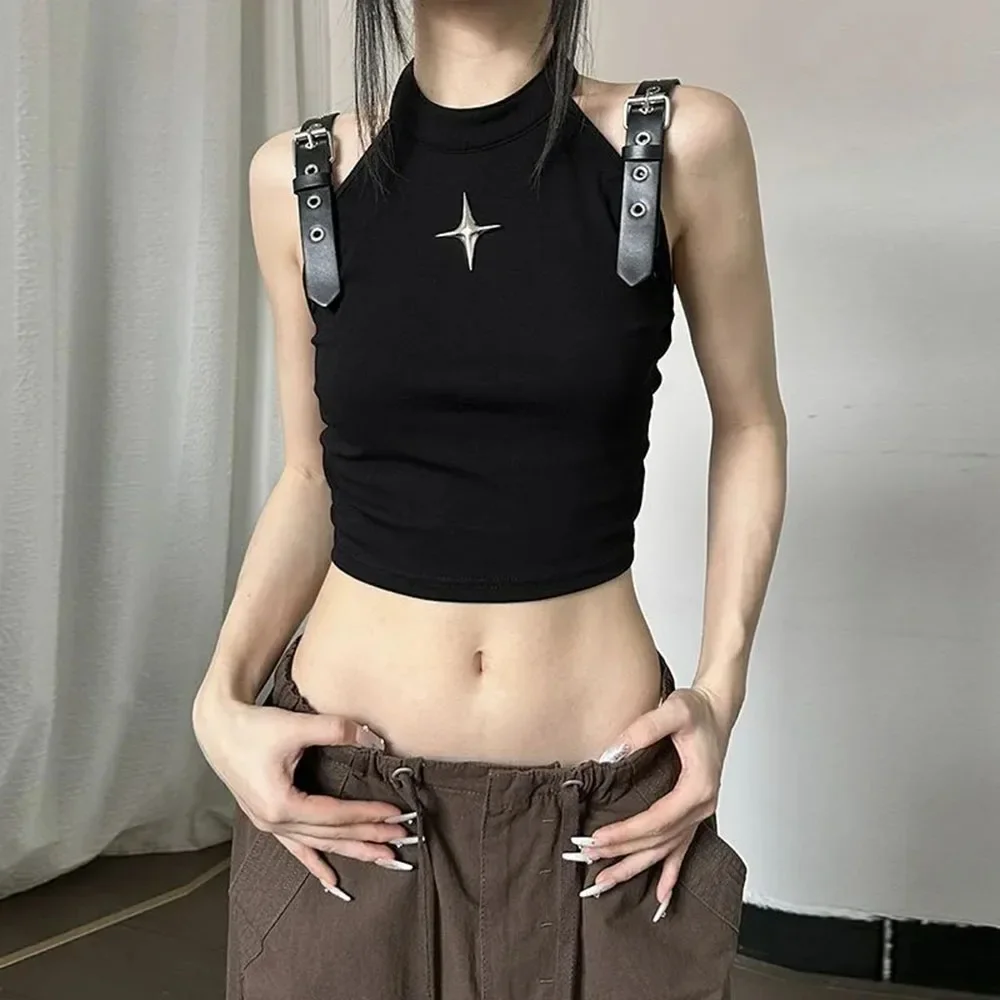 ผู้หญิง Tank Top Y2k Streetwear Star Metal Halter Cool สาวแขนกุดสีดําเสื้อกั๊กด้านล่างเสื้อผ้า Tee y2k
