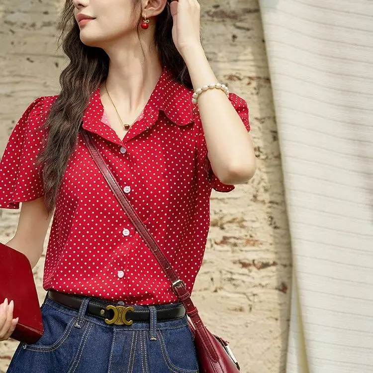 

Hong Kong Style Red Polka Dot Shirt for Women's 2024 Summer New French Style Retro Short Sleeved Shirt Top Female Clothing