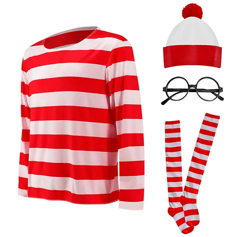 Book Character Costume Glasses Socks Hats T Shirt Set Costume Set with Long Sleeve Red White Stripe Top for Daily Wear